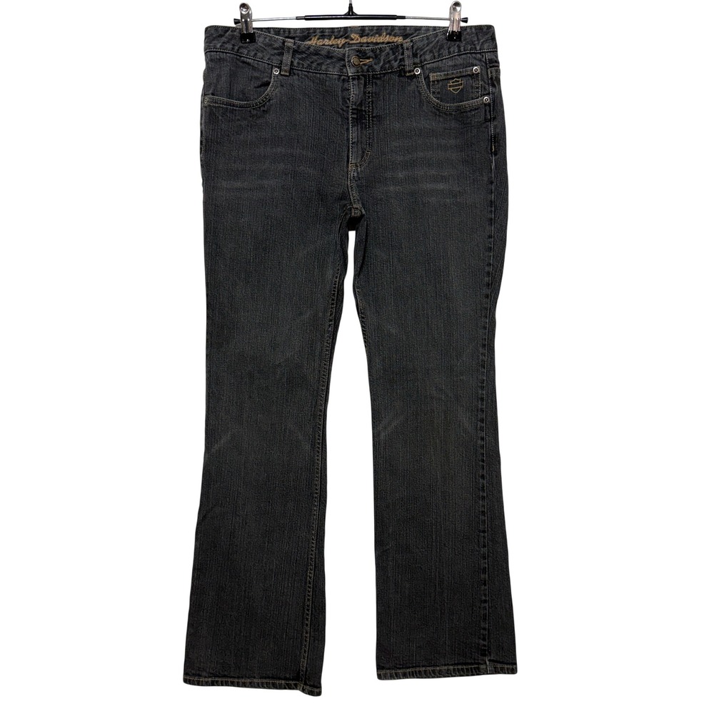 Harley Davidson Jeans Womens 12 Faded Black Measures 34x32 Stretch Bootcut Biker